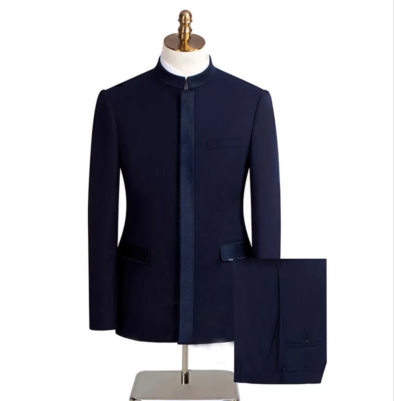 Men’s Navy Blue 2-Piece Suit with Chinese Collar – Bold, Modern Sophistication