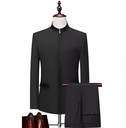 Men’s Black 2-Piece Suit with Chinese Collar – Minimalist Royal Elegance