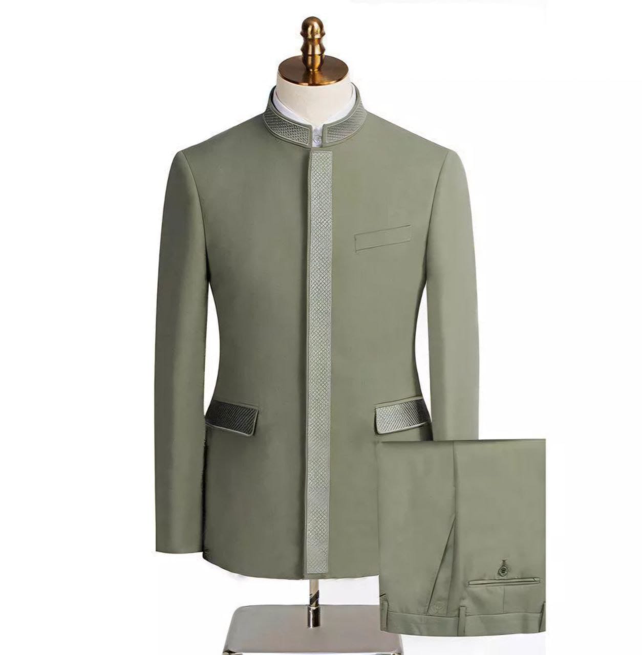 Men’s Khaki Green 2-Piece Suit with Chinese Collar – Effortlessly Stylish & Unique