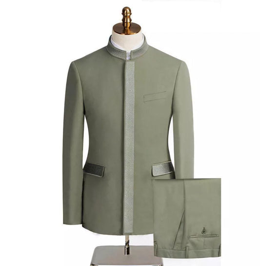 Men’s Khaki Green 2-Piece Suit with Chinese Collar – Effortlessly Stylish & Unique