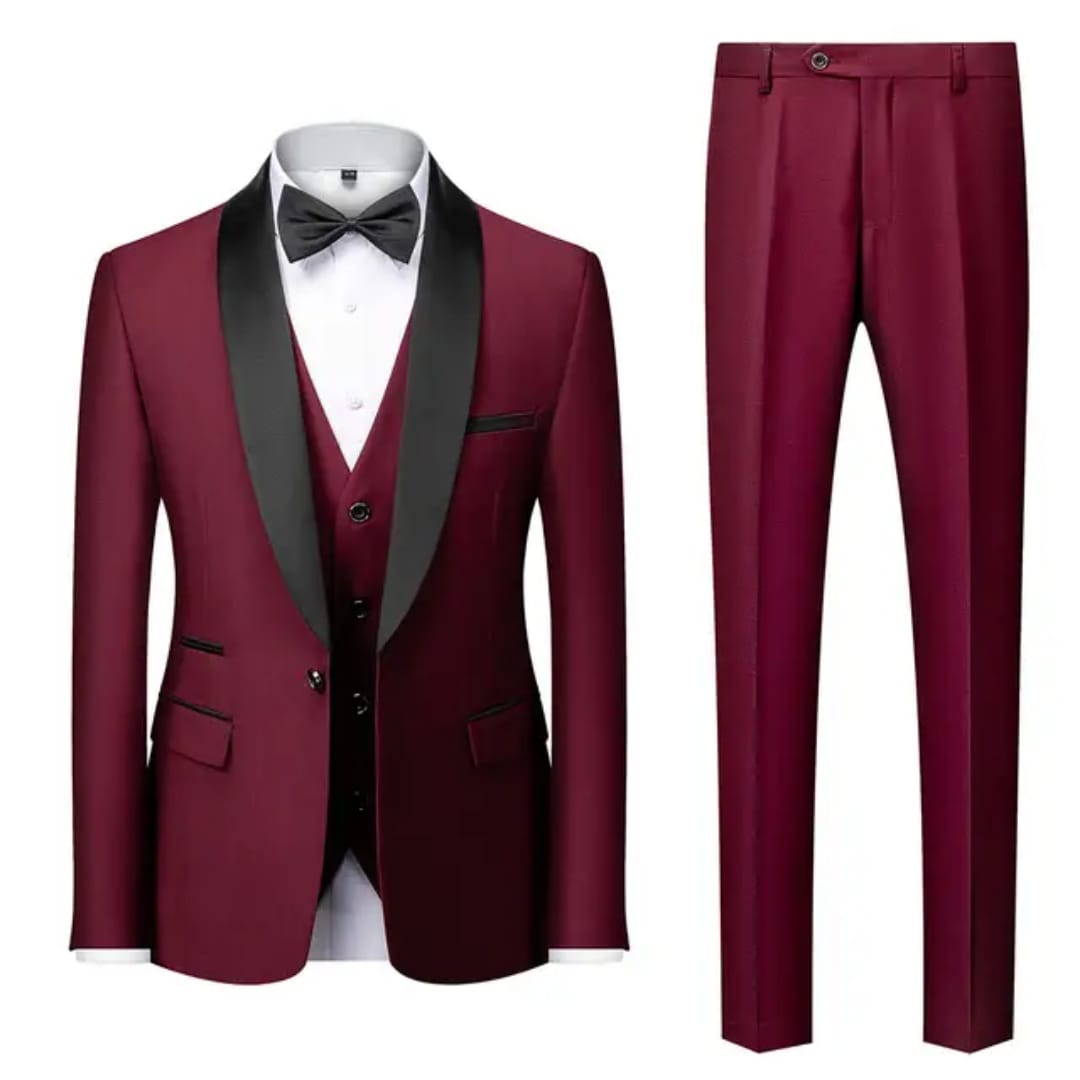 Men’s Three-Piece Tuxedo Suit – Classic Black Tie Elegance with Waistcoat