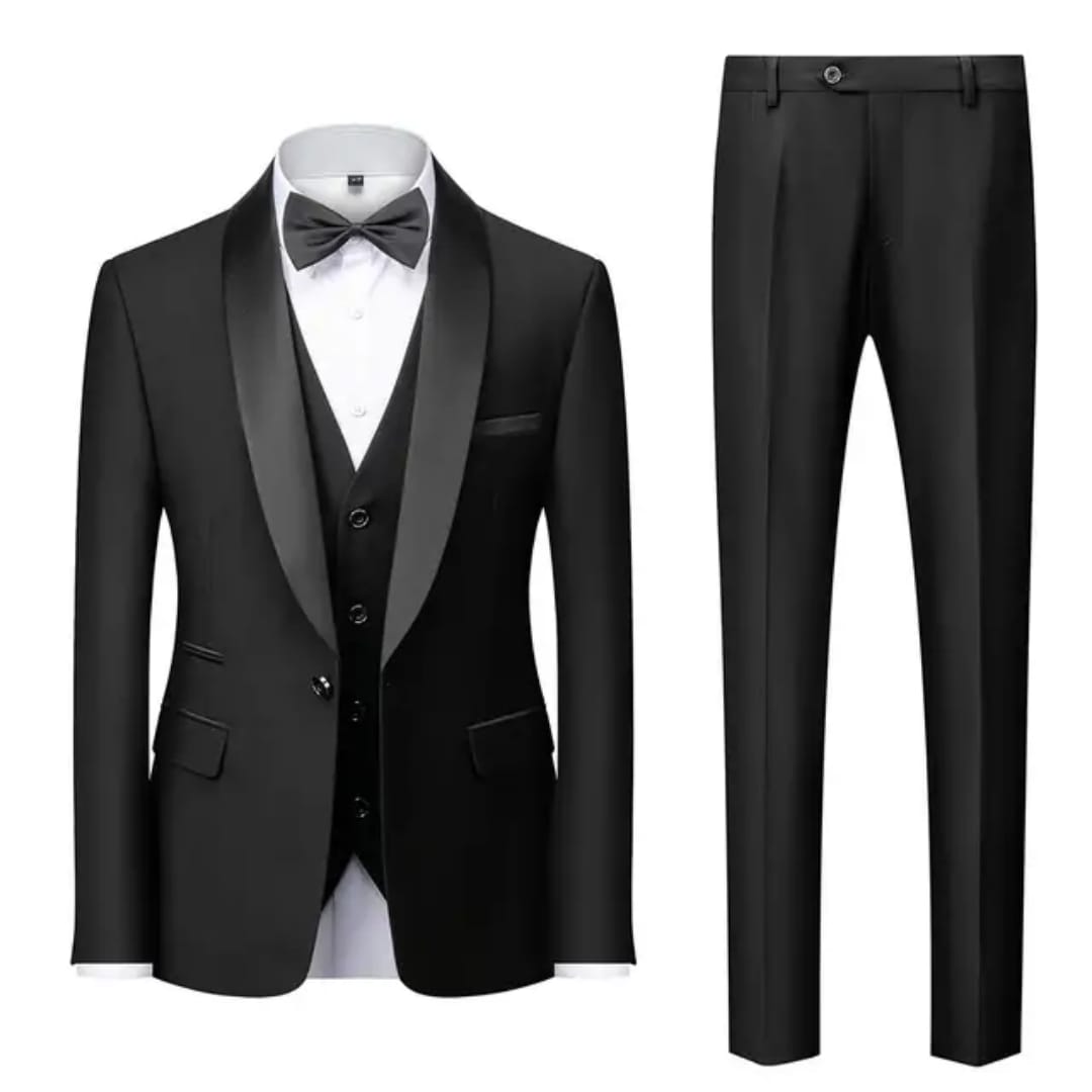 Men’s Three-Piece Tuxedo Suit – Classic Black Tie Elegance with Waistcoat