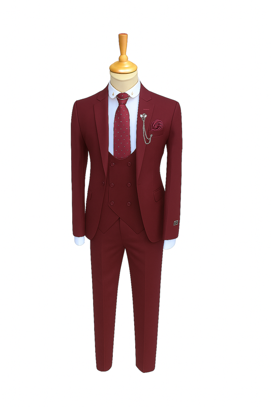 Rich Maroon Three-Piece Suit – A Distinctive Statement